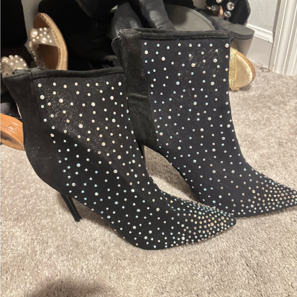 Miss Lola Black Crystal-Dotted Pointed Toe Stiletto Booties